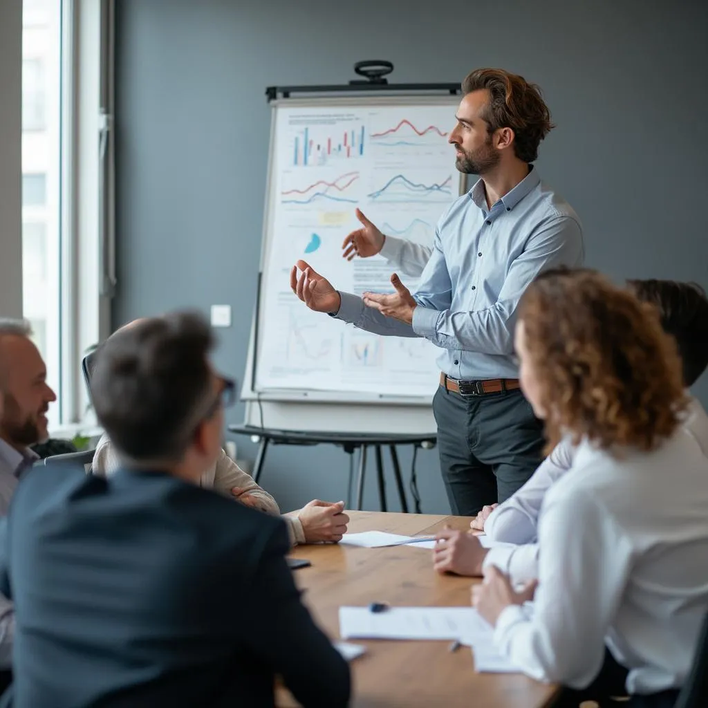 Consultant Optima Conseil présentant des résultats stratégiques à un client