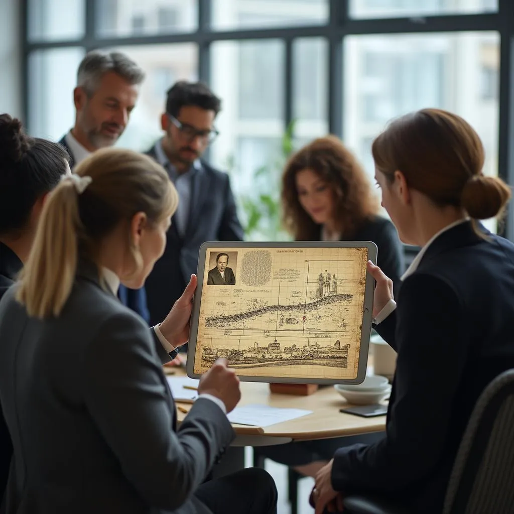 Réunion de travail collaborative symbolisant l'histoire et la croissance de l'entreprise Optima Conseil
